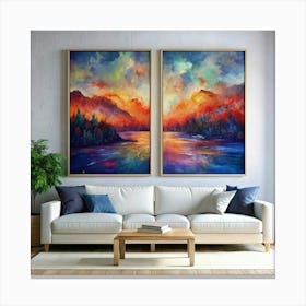 Pair Of Paintings Of Mountains And Lake Canvas Print