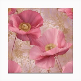 Seamless Pattern Of Elegant Poppy Floral Motifs In Pink, Adorned With Gold Lines Canvas Print