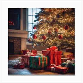 Christmas Presents Under Christmas Tree At Home Next To Fireplace Haze Ultra Detailed Film Photog (12) Canvas Print