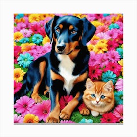 Photography Of Cute Dog and Cat Friendship Canvas Print