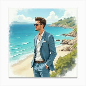 Sophisticated Man In Watercolor Attire, Stunning Coastal View 1 Canvas Print