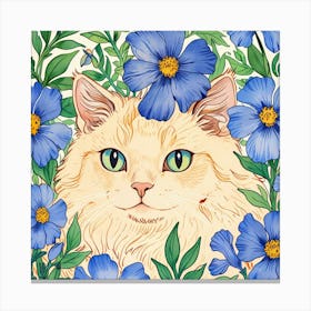 Cat With Blue Flowers 3 Canvas Print