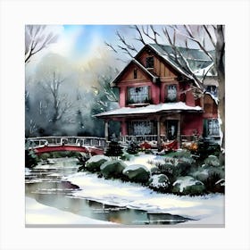 Winter House Painting Watercolor Landscape Canvas Print
