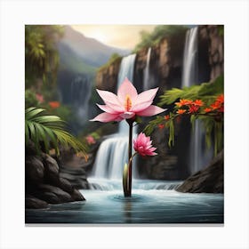 Lotus Flower In The Waterfall Canvas Print