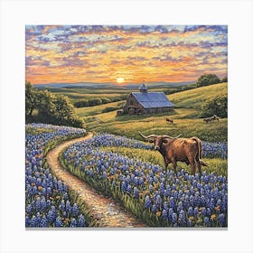 Sunset In The Bluebonnets 1 Canvas Print