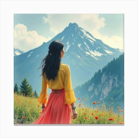 Lovely Woman In Watercolor Attire, Dramatic Mountain Scene 1 Canvas Print