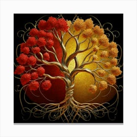 Template: Half red and half black, solid color gradient tree with golden leaves and twisted and intertwined branches 3D oil painting 2 Canvas Print