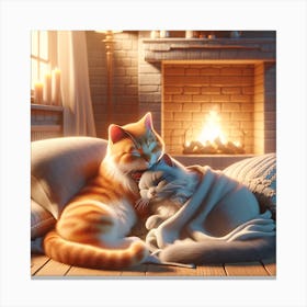 Two Cats Cuddling In Front Of Fireplace Canvas Print