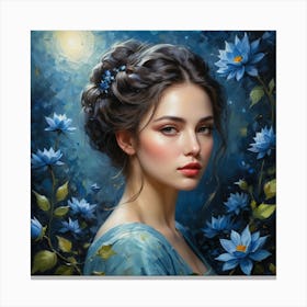 Girl With Blue Flowers Canvas Print