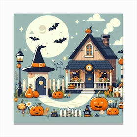 Halloween Houses With Pumpkins And Moon - Cute Vector style Illustration Canvas Print