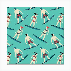 STOKED Summer Beach Surfer Girl Surfer Dude Outdoor Ocean Sports with Surfboard in Vintage Retro Red Blue White on Turquoise Canvas Print