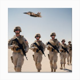 L Quipe D Infanterie A Roport E Des Tats Unis Patrouille Dans Le D Sert Avec Des Armes Sable Et Ciel Bleu Sur Fond Gris Lumi Re Du Soleil Vue De Face 2 Canvas Print