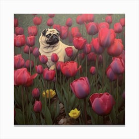 Pug In Tulips Canvas Print