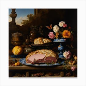 Table With Ham And Flowers 1 Canvas Print