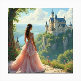 Elegant Woman In Watercolor Dress, Majestic Castle View 1 Canvas Print