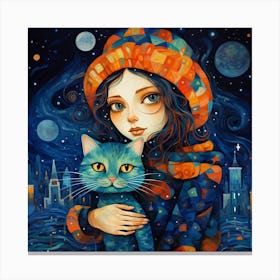 Girl With A Cat Canvas Print