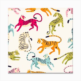 Colorful Tiger Pattern On White Square Canvas Print