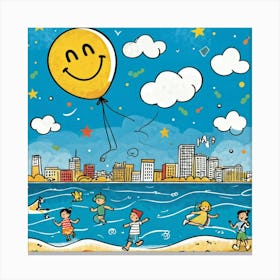 Cartoon Illustration Of A Hand Drawn Balloon Adorned With A Happy Face Floating Over A Bustling Beac 2 1 Canvas Print