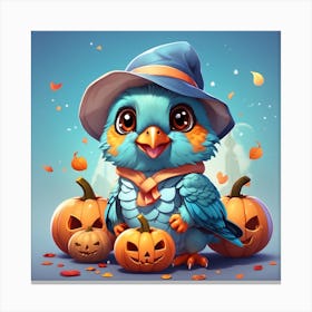 Cute Blue Bird With Pumpkins Canvas Print