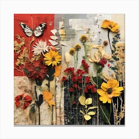 Collage Of Flowers And Butterflies, Design An Eclectic Collage With A Combination Of Fabric Swatches Dried Flowers Canvas Print