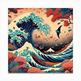 Dance of the Coral Kingdoms, Inspired by Hokusai's iconic Great Wave and Japanese woodblock prints 1 Canvas Print