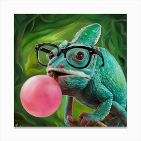 Chameleons With Big Bubblegum And Glasses Animal Art 2 Canvas Print
