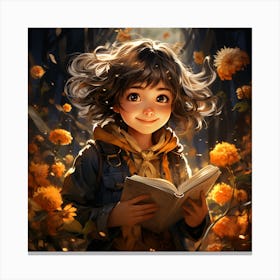 Little Girl Reading A Book Canvas Print