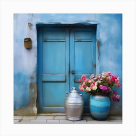 Blue wall. An old-style door in the middle, silver in color. There is a large pottery jar next to the door. There are flowers in the jar Spring oil colors. Wall painting.14 Canvas Print
