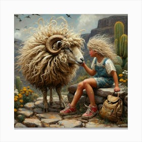 Girl And A Sheep Canvas Print
