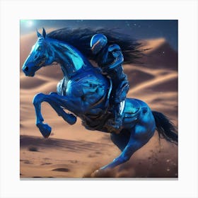 Man Riding A Blue Horse In The Desert Cyberpunk Robot Canvas Print
