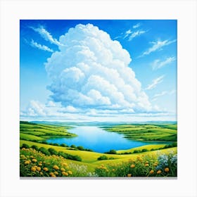 Cumulus Clouds Cotton Like In Texture Dominate The Expansive Azure Sky While A Serene Landscape Un 2 1 Canvas Print