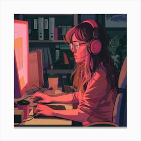 Girl With Headphones Working On Computer Canvas Print