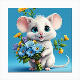Little Mouse With A Bouquet Of Flowers Cute Fluffy Big Blue Eyes Happy Contented Smiling Widel Canvas Print