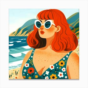 Redhead Woman On The Beach with a Rose Dress Canvas Print