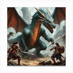 Two Warriors Fighting A Dragon Canvas Print