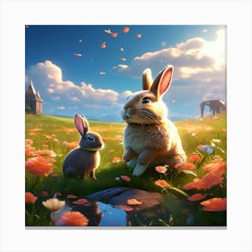 Rabbits In The Meadow Canvas Print