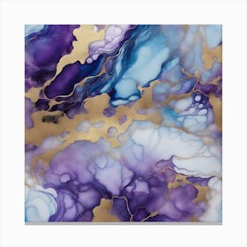 Luxury abstract fluid art painting in alcohol ink technique, mixture of blue and purple paints. Imitation of marble stone cut, glowing golden veins. Tender and dreamy design. Canvas Print