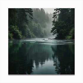 A Tranquil River Flowing Through A Dense Forest With Mist Rising From The Water 2 Canvas Print