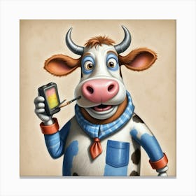 Cartoon Cow With Cell Phone Canvas Print