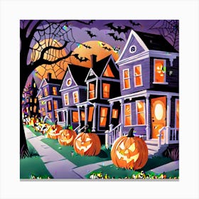 The Image Paints A Lively Picture Of Halloween In America Showcasing Bustling Neighborhoods Adorned Canvas Print