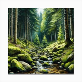 Stream In The Forest, Acrylic Painting Style 19 Canvas Print