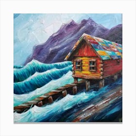 Acrylic and impasto pattern, mountain village, sea waves, log cabin, high definition, detailed geometric 10 Canvas Print