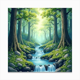 Watercolor Enchanted Forest With Hidden Waterfalls 1 Canvas Print