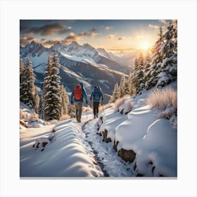 Hikers On A Snowy Mountain Path Canvas Print