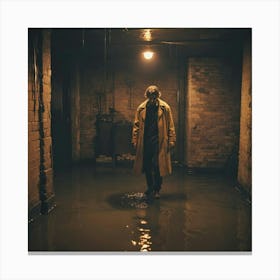 Man In Trenchcoat In Flooded Basement Canvas Print