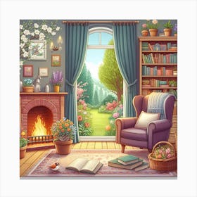 Living Room With Fireplace And Books Canvas Print