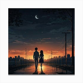 an anime young loving couple, lonely feeling, hope, vector, cartoon style, night 3 Canvas Print