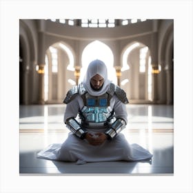 A 3d Dslr Photography Muslim Wearing Futuristic Digital Armor Suit , Praying Towards Makkah Masjid Al Haram, House Of God Award Winning Photography From The Year 8045 Qled Quality Designed By Apple Canvas Print