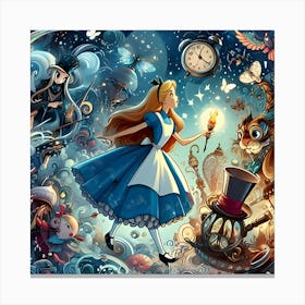 An Imaginative Digital Illustration Featuring Alice In Wonderland Interacting With Elements Of The Fantastical World With An Emphasis On Whimsical Designs For Costumes, Props, And Backgrounds 3 Canvas Print