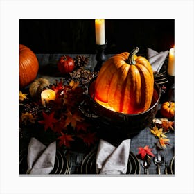 Autumnal Table Setting Cradling A Half Carved Roasted Pumpkin Candlelight Flickering Within Casting (3) Canvas Print